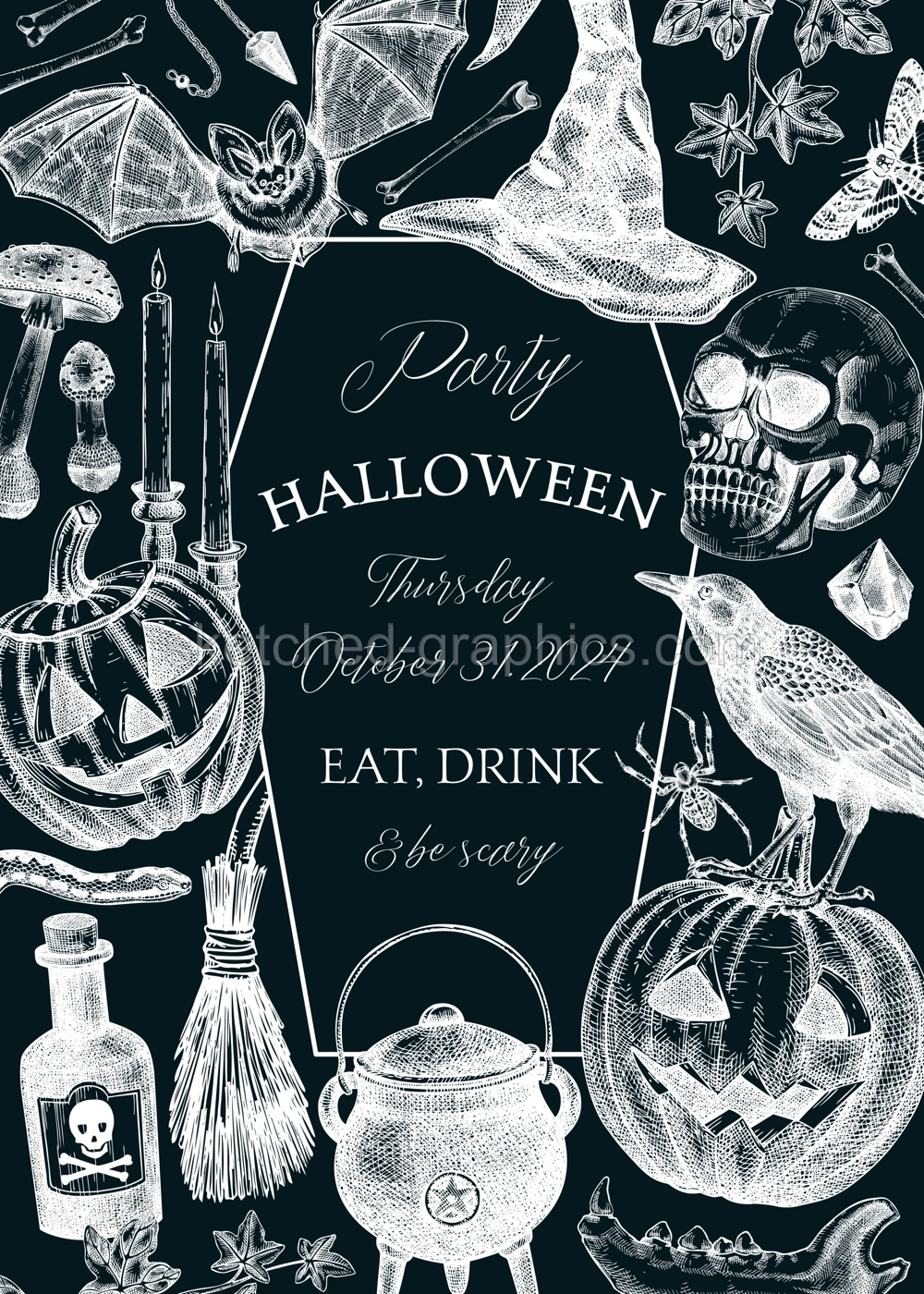 Vintage Halloween frame design. Hand-drawn vector illustration on chalkboard. Skull, bones, pumpkin, poisons, cauldron sketch. Witch party invitation, poster, flyer. Not AI generated Illustration